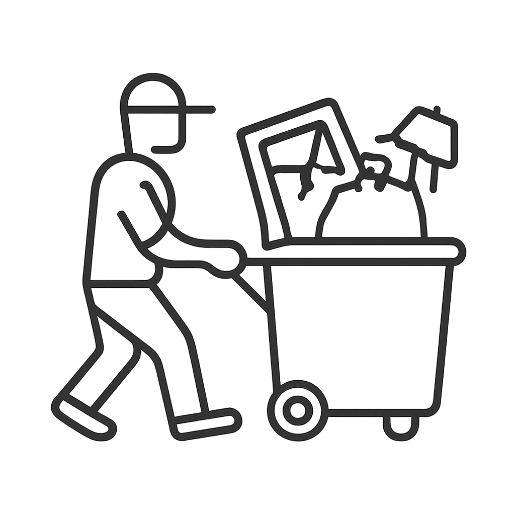 gray silhouette of a man pushing shopping cart holding opened paper bag.